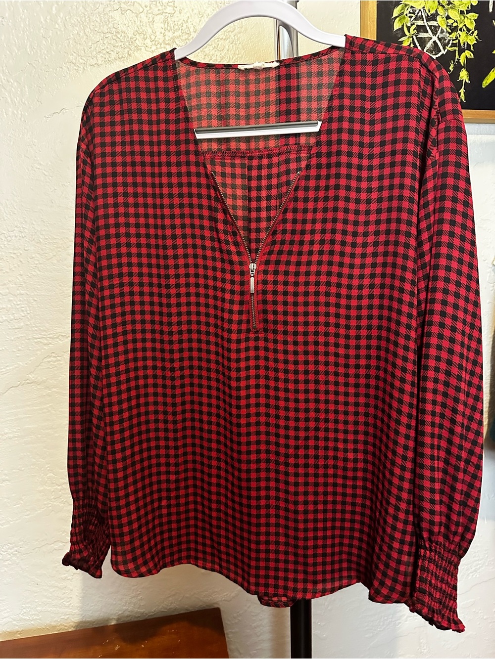 Red & Black Check Zip-Front Women's Top